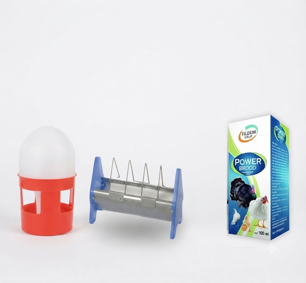 Güvercinler İçin 1 Litrelik Suluk, 15 cm Metal Izgaralı Yemlik ve Power Brood 100 ml Vitamin Komple Set